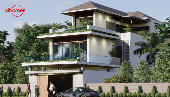 Mẫu biệt thự ba tầng với mái kiểu Nhật, mang phong cách hiện đại Mẫu biệt thự ba tầng với mái kiểu Nhật, mang phong cách hiện đại
