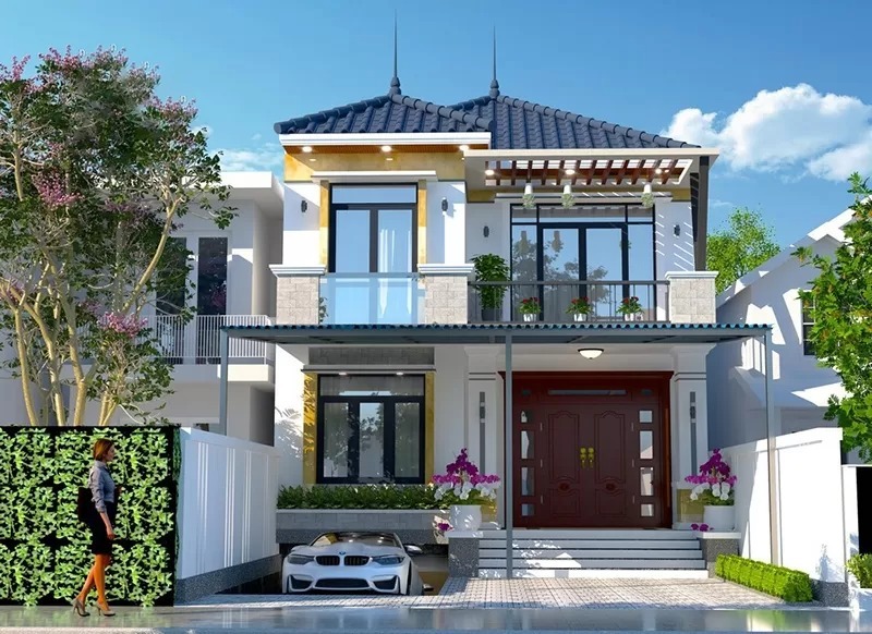 5x20 mẫu nhà 2 tầng mái nhật có tầng hầm lửng hiện đại