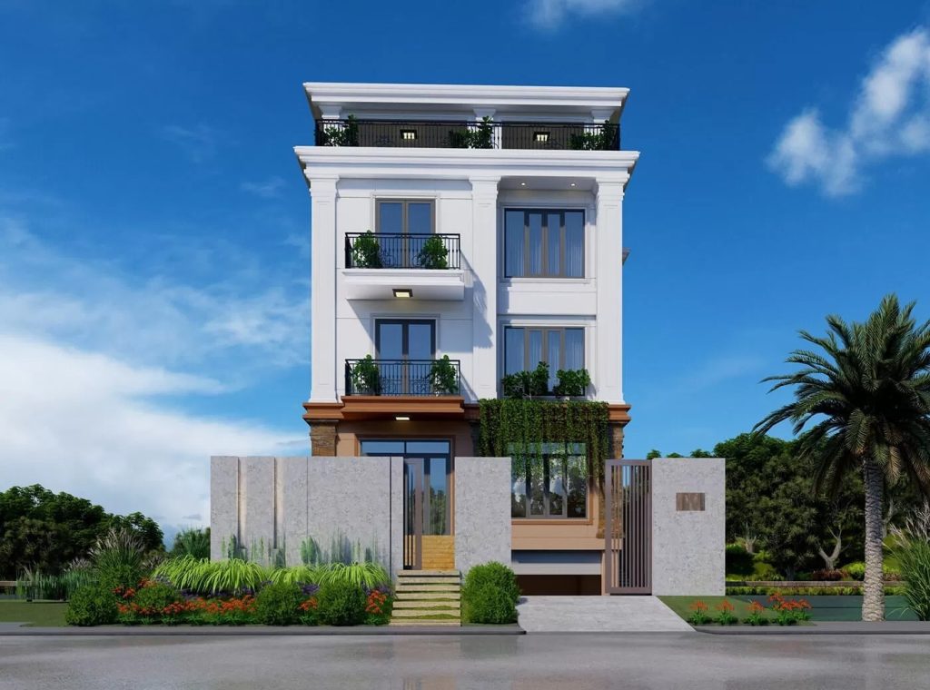 Mẫu nhà phố 3 tầng 1 tum có tầng hầm lửng phong cách tân cổ điển