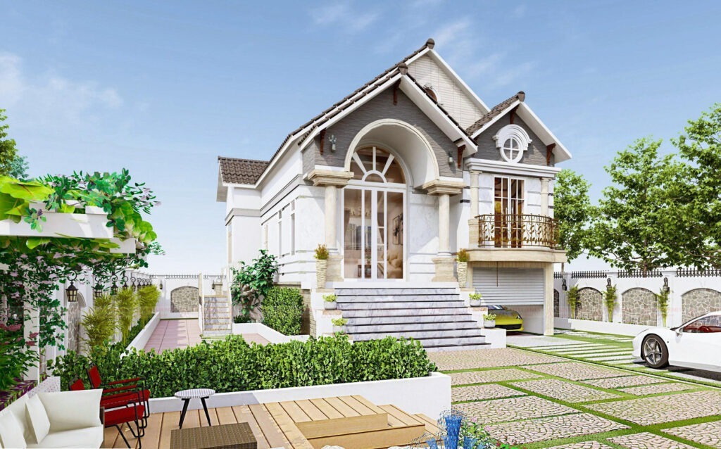Nhà vườn cấp 4 mái thái có tầng hầm lửng phong cách tân cổ điển Pháp