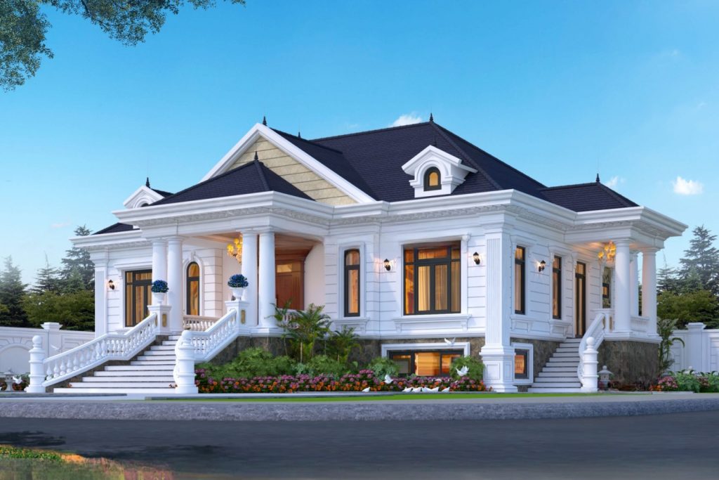 Nhà cấp 4 gác lửng 3 phòng ngủ 1 phòng thờ mái thái tân cổ điển xây hầm lửng