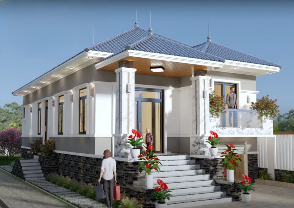 Xây nhà cấp 4 mái nhật 2 phòng ngủ có tầng hầm lửng phong cách hiện đại