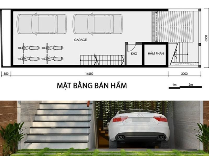 Bản vẽ thiết kế nhà có tầng hầm lửng đẹp tiện nghi